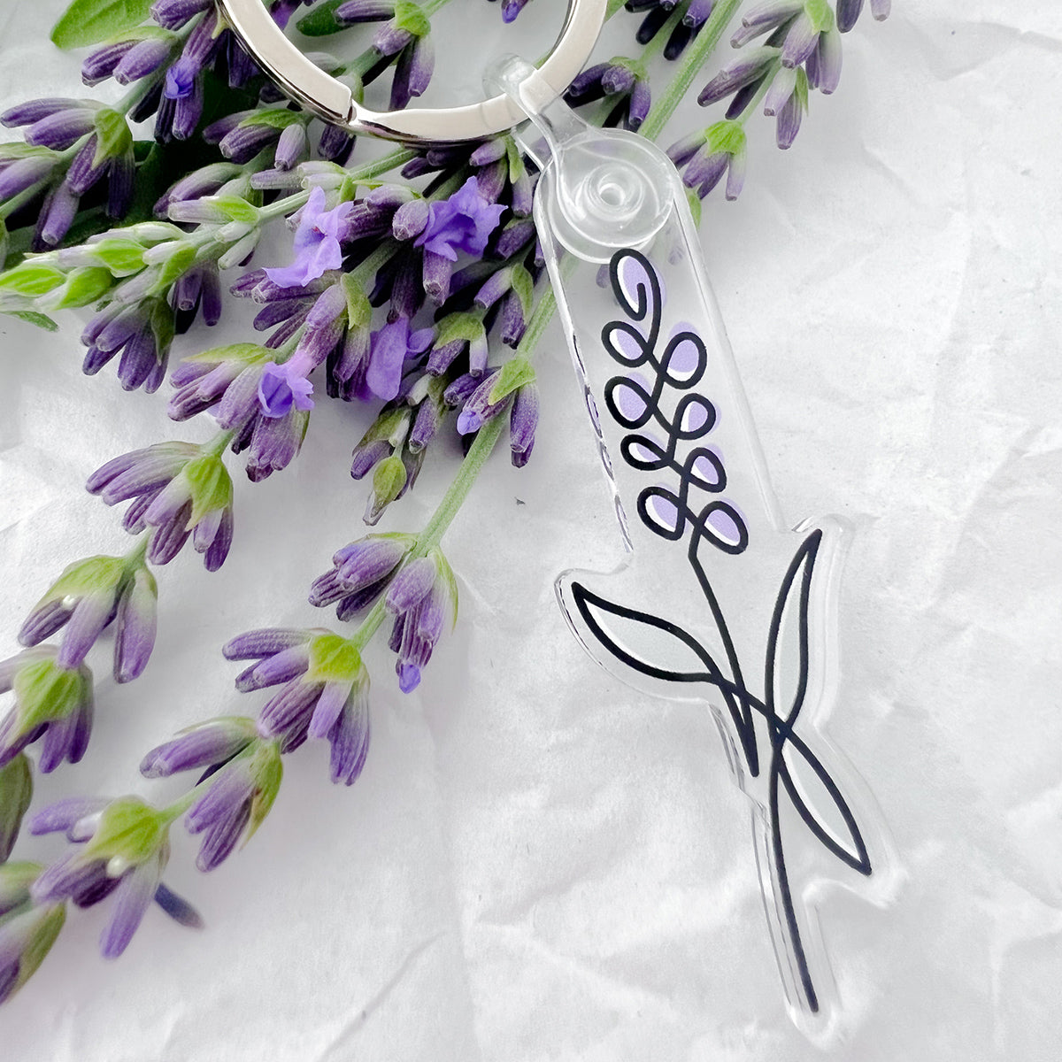 Clear keychain with single-line illustration of lavender on crinkled white background with lavender flower.