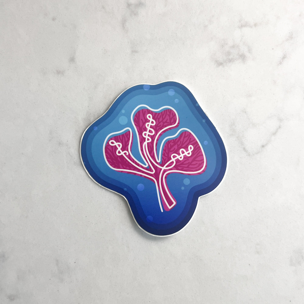 Sticker of pink coral on blue water background on marble surface.