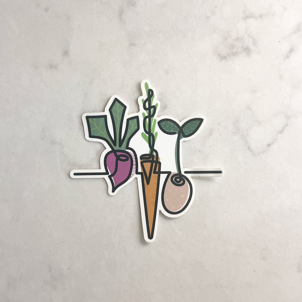Sticker with illustrations of a carrot, radish, and bean on a light gray background